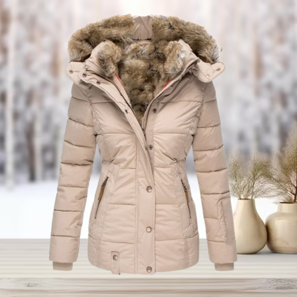 Lore Aprikose Gesteppte Winterjacke mit Kunstfell-Kapuze für Damen | Tailliert Winter Casual - S/M/L/XL/2XL/XXXL/4XL/5XL