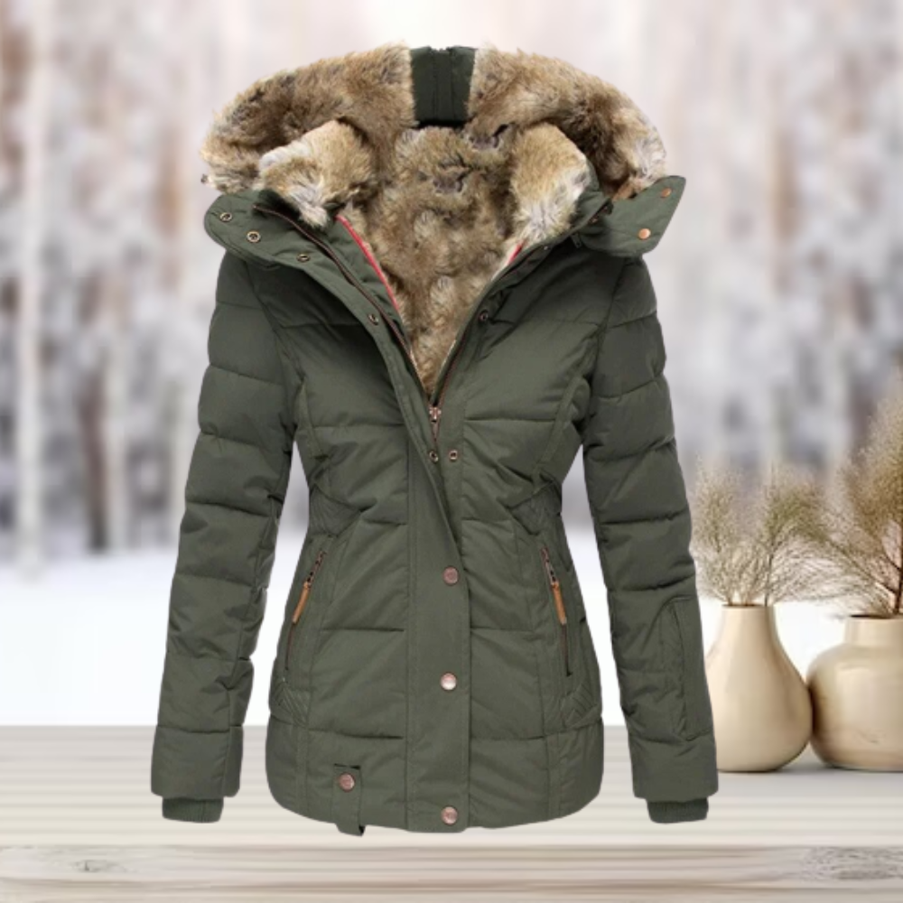 Lore Aprikose Gesteppte Winterjacke mit Kunstfell-Kapuze für Damen | Tailliert Winter Casual - S/M/L/XL/2XL/XXXL/4XL/5XL