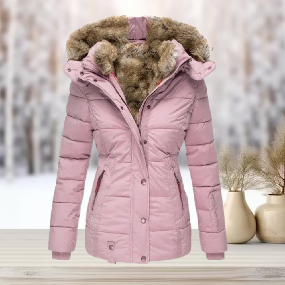 Lore Aprikose Gesteppte Winterjacke mit Kunstfell-Kapuze für Damen | Tailliert Winter Casual - S/M/L/XL/2XL/XXXL/4XL/5XL