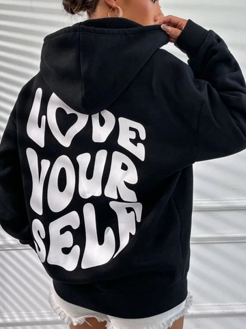 Wanda Schwarz Oversized Bedruckter Kapuzenpullover mit Kapuze für Damen | Streetwear Casual Winter - S/M/L/XL/2XL