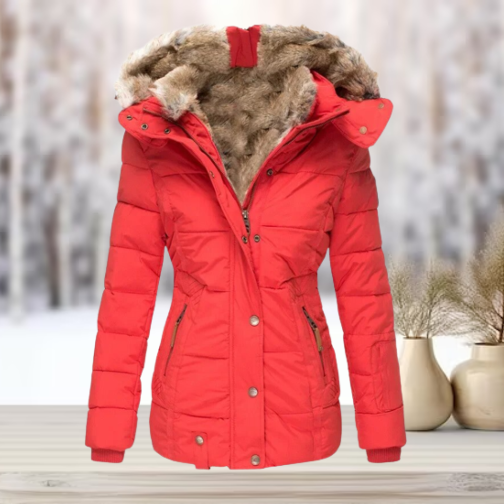Lore Aprikose Gesteppte Winterjacke mit Kunstfell-Kapuze für Damen | Tailliert Winter Casual - S/M/L/XL/2XL/XXXL/4XL/5XL