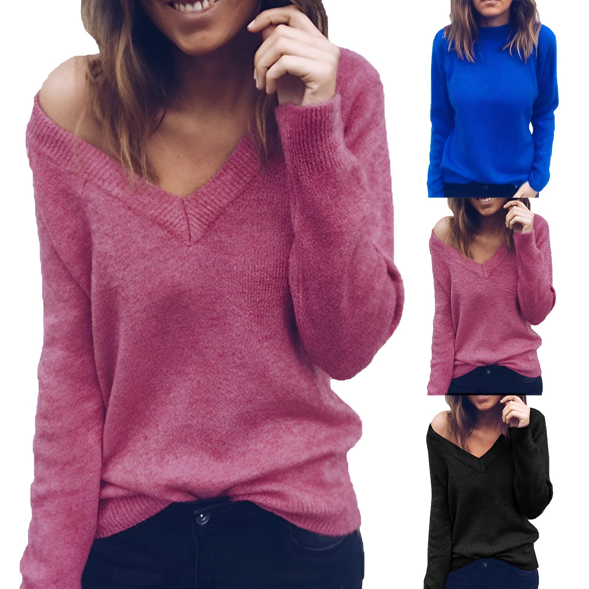 Vela Damen Pullover | V-Ausschnitt, Locker Gestrickt, Einfarbig 2