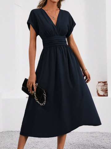 Vera Damen Midi Kleid | V-Ausschnitt, Plissierter Bund, 3/4-Ärmel 0