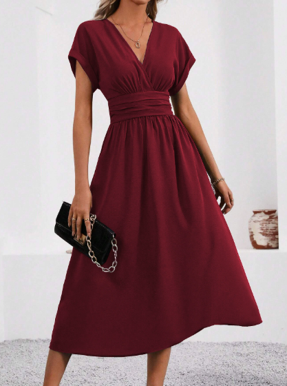Vera Damen Midi Kleid | V-Ausschnitt, Plissierter Bund, 3/4-Ärmel 1
