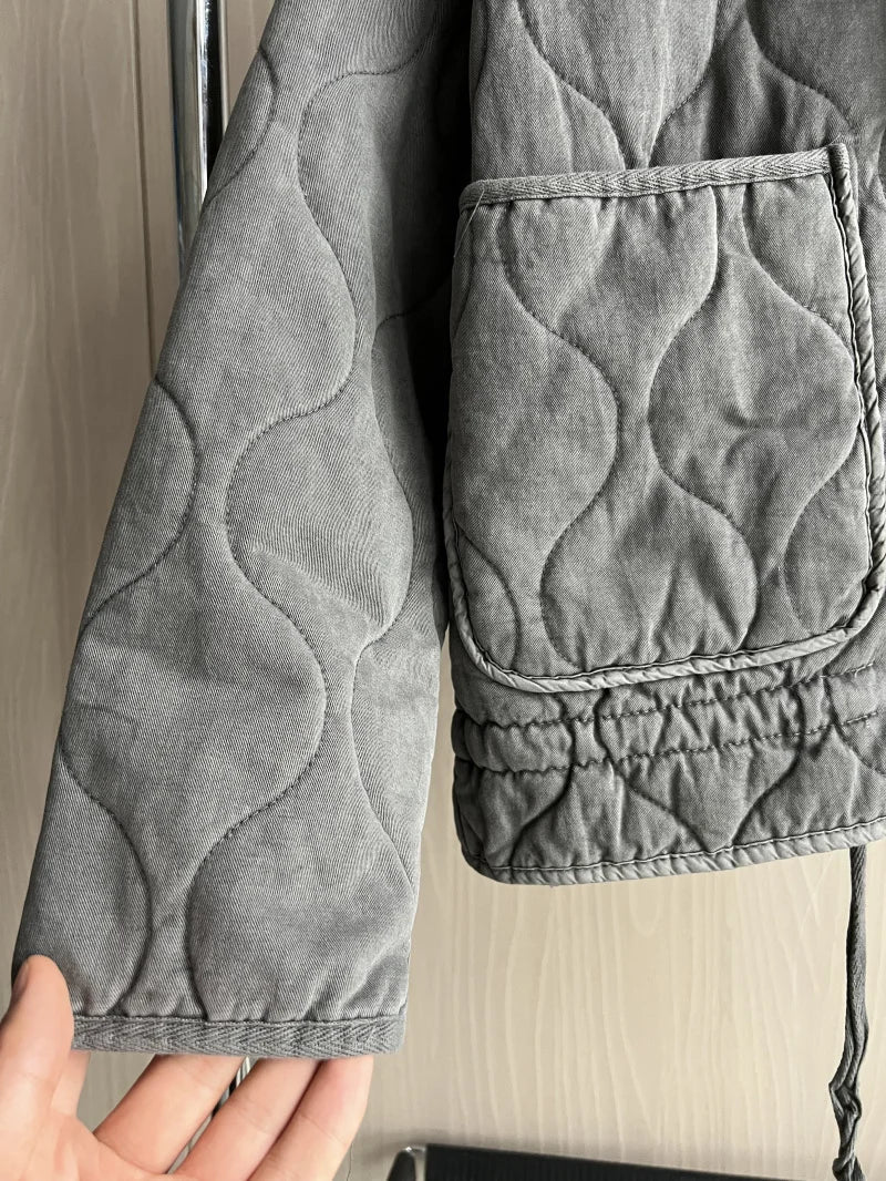 Hanna Beige Wattierte Vintage Steppjacke für Damen | Stehkragen Zugband-Saum Winter - XS/S/M/L