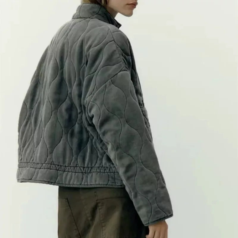 Hanna Beige Wattierte Vintage Steppjacke für Damen | Stehkragen Zugband-Saum Winter - XS/S/M/L