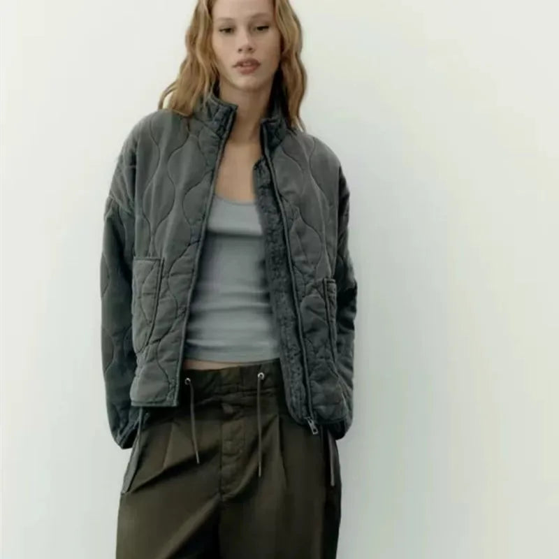 Hanna Beige Wattierte Vintage Steppjacke für Damen | Stehkragen Zugband-Saum Winter - XS/S/M/L