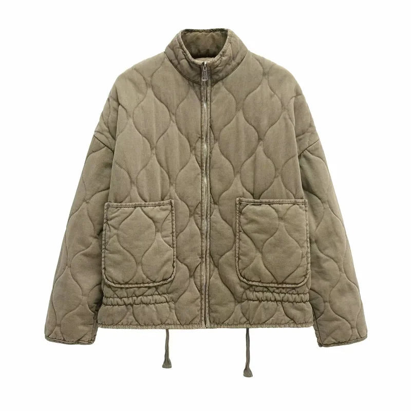 Hanna Beige Wattierte Vintage Steppjacke für Damen | Stehkragen Zugband-Saum Winter - XS/S/M/L