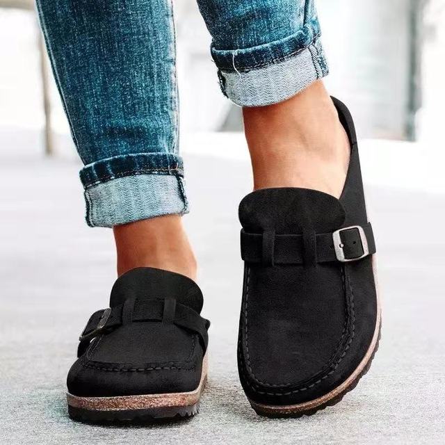 Walpurga Khaki Komfort-Slipper in Veloursleder-Optik für Damen | Schnalle Plateau Casual - EU 35-43