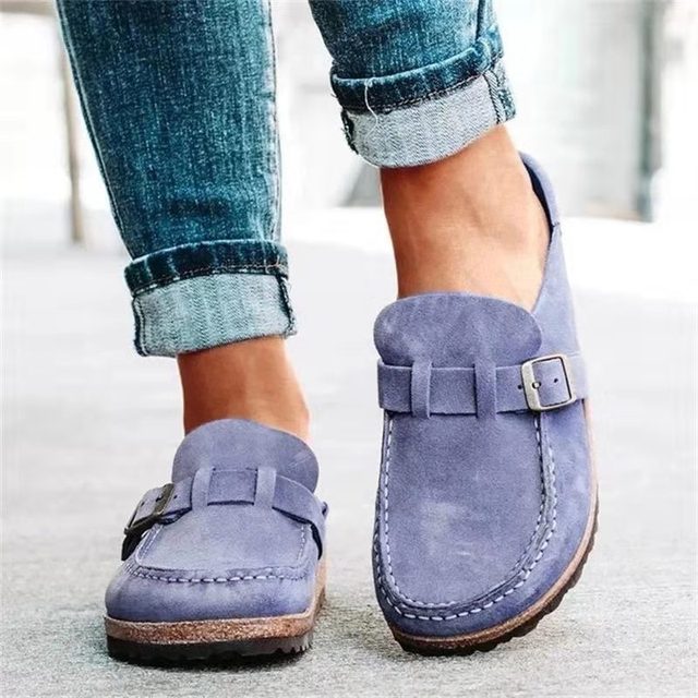 Walpurga Khaki Komfort-Slipper in Veloursleder-Optik für Damen | Schnalle Plateau Casual - EU 35-43