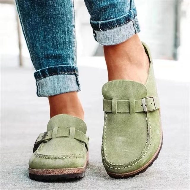 Walpurga Khaki Komfort-Slipper in Veloursleder-Optik für Damen | Schnalle Plateau Casual - EU 35-43