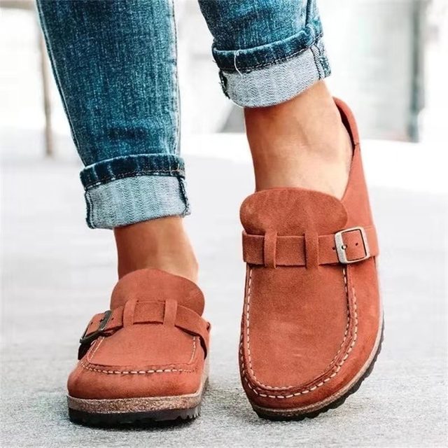 Walpurga Khaki Komfort-Slipper in Veloursleder-Optik für Damen | Schnalle Plateau Casual - EU 35-43