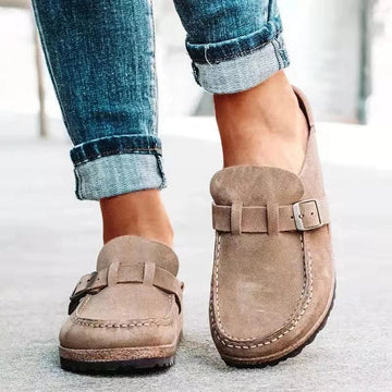 Walpurga Khaki Komfort-Slipper in Veloursleder-Optik für Damen | Schnalle Plateau Casual - EU 35-43