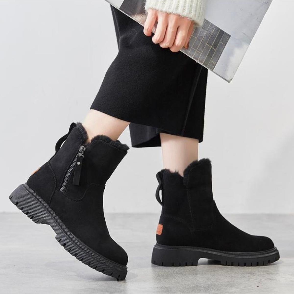 Vreni Schwarz Gefütterte Winterstiefel in Veloursleder-Optik für Damen | Kunstfell Warm Plateau Winter - EU 35-44
