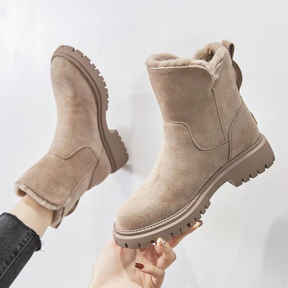 Vreni Schwarz Gefütterte Winterstiefel in Veloursleder-Optik für Damen | Kunstfell Warm Plateau Winter - EU 35-44
