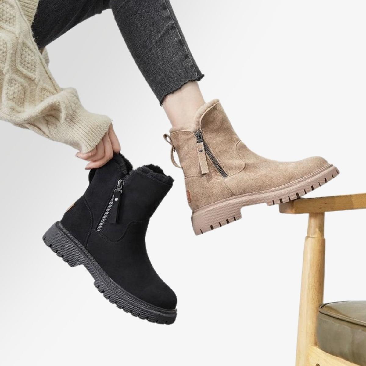 Vreni Schwarz Gefütterte Winterstiefel in Veloursleder-Optik für Damen | Kunstfell Warm Plateau Winter - EU 35-44