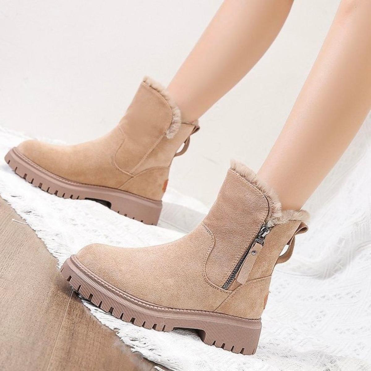 Vreni Schwarz Gefütterte Winterstiefel in Veloursleder-Optik für Damen | Kunstfell Warm Plateau Winter - EU 35-44