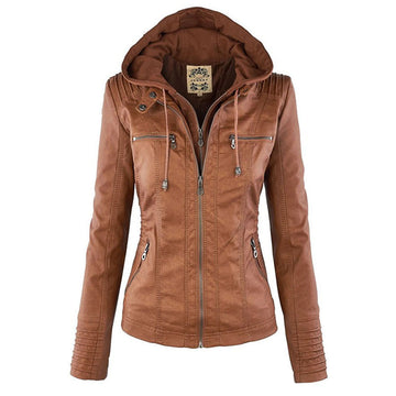 Ursula Khaki Wasserdichte Leder-Optik Bikerjacke mit Kapuze für Damen | Casual Herbst Stil - S/M/L/XL/2XL/3XL