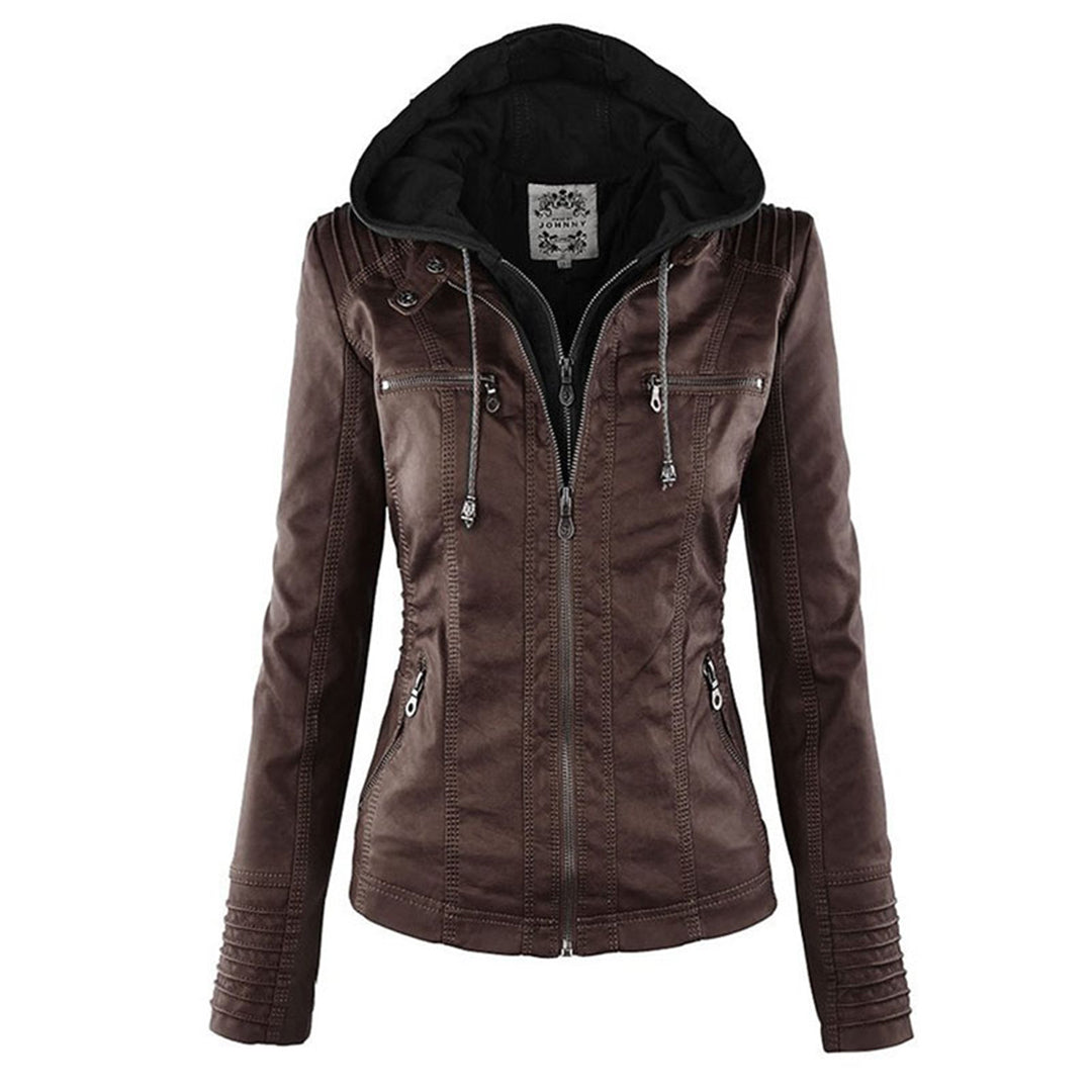 Ursula Khaki Wasserdichte Leder-Optik Bikerjacke mit Kapuze für Damen | Casual Herbst Stil - S/M/L/XL/2XL/3XL