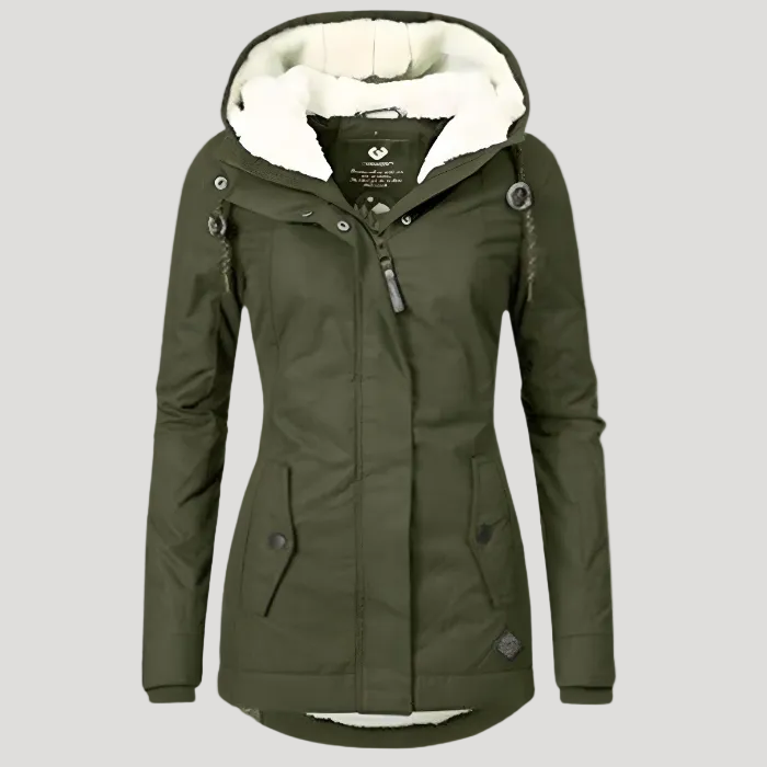 Monika Schwarz Wasserdichte Gefütterte Winterjacke mit Kapuze für Damen | Sherpa-Futter Figurnah Winter - S/M/L/XL/2XL/3XL