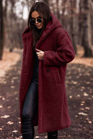 Monika Grün Langer Sherpa Teddy-Mantel mit Kapuze für Damen | Oversized Wintermantel Casual - M/L/XL/2XL/3XL