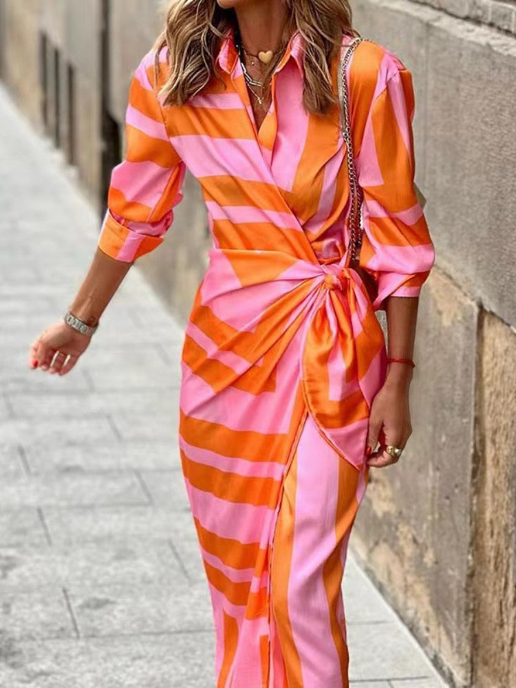 Wendy Damen Midi Kleid | Gestreift, Knopfleiste 0