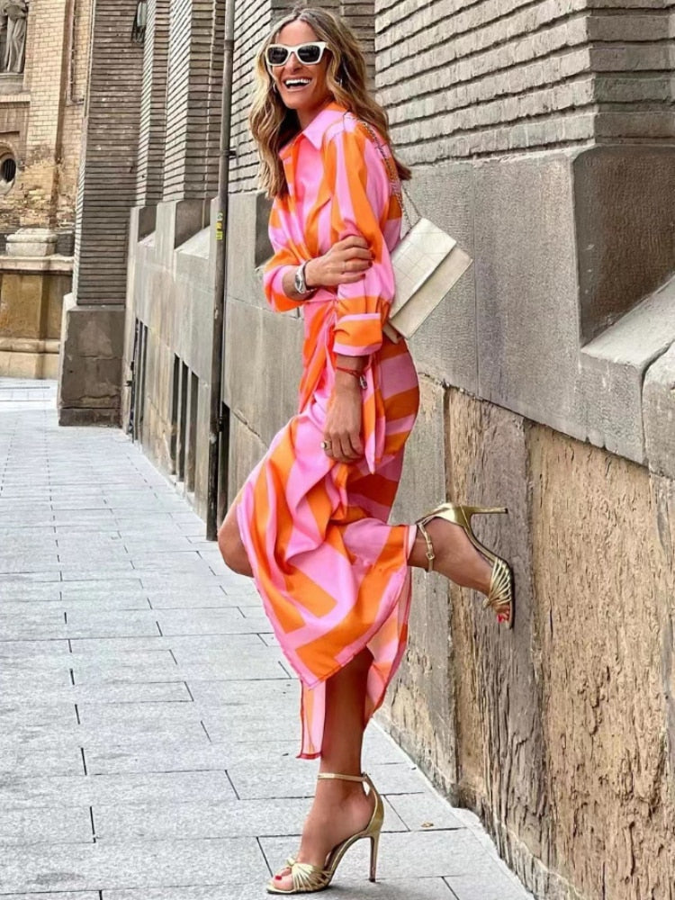 Wendy Damen Midi Kleid | Gestreift, Knopfleiste 5