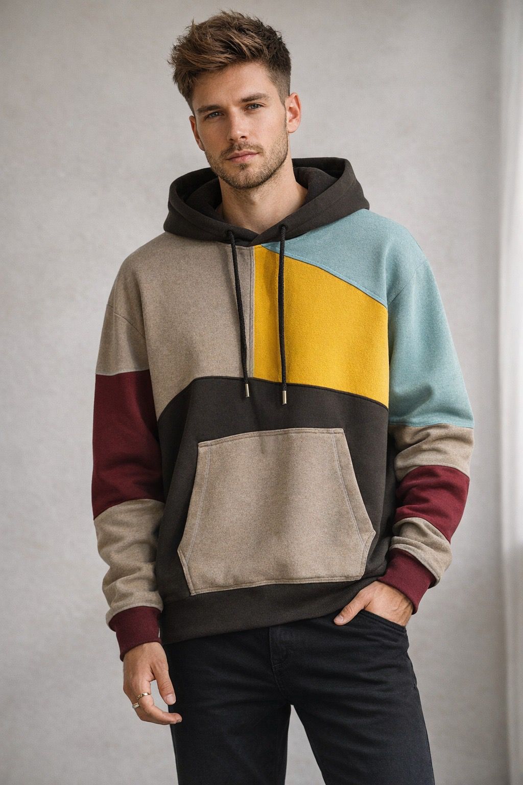 Beat Blau/Braun Mehrfarbiger Color-Block Hoodie mit Kapuze für Herren | Casual Freizeit - S/M/L/XL/2XL/3XL