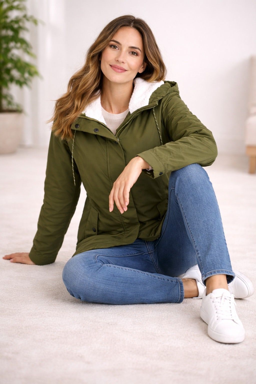 Monika Grün Gefütterte Winterparka mit Kapuze für Damen | Sherpa-Innenfutter Casual Winter - XXS/XS/S/M/L/XL/2XL