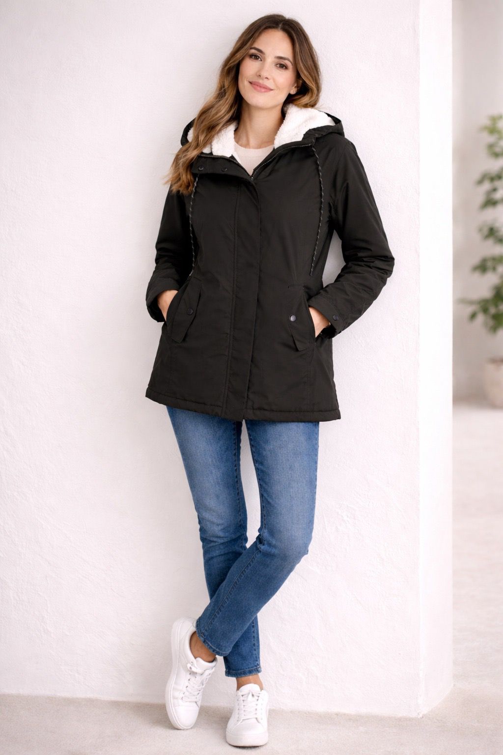 Monika Grün Gefütterte Winterparka mit Kapuze für Damen | Sherpa-Innenfutter Casual Winter - XXS/XS/S/M/L/XL/2XL