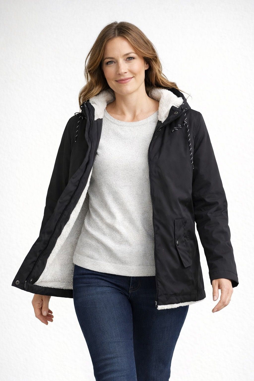Wanda Schwarz Gefütterte Winterjacke mit Kapuze für Damen | Sherpa-Futter Casual Winter - XS/S/M/L/XL/2XL/3XL