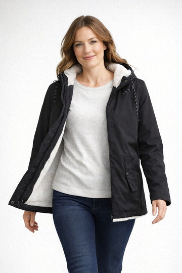 Wanda Schwarz Gefütterte Winterjacke mit Kapuze für Damen | Sherpa-Futter Casual Winter - XS/S/M/L/XL/2XL/3XL