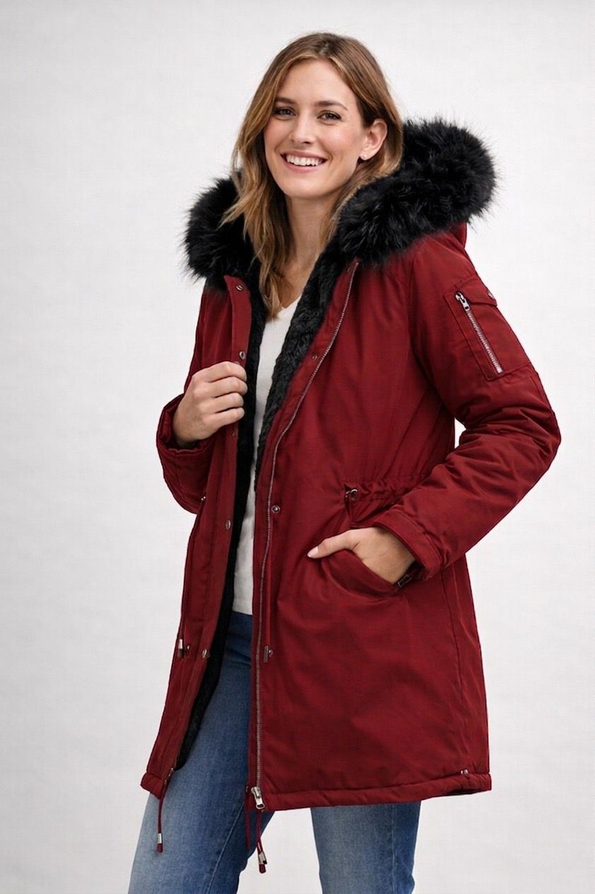 Monika Schwarz Langer Winter-Parka mit Kapuze für Damen | Kunstfellbesatz Fleecefutter Fishtail-Saum - S/M/L/XL/2XL/3XL