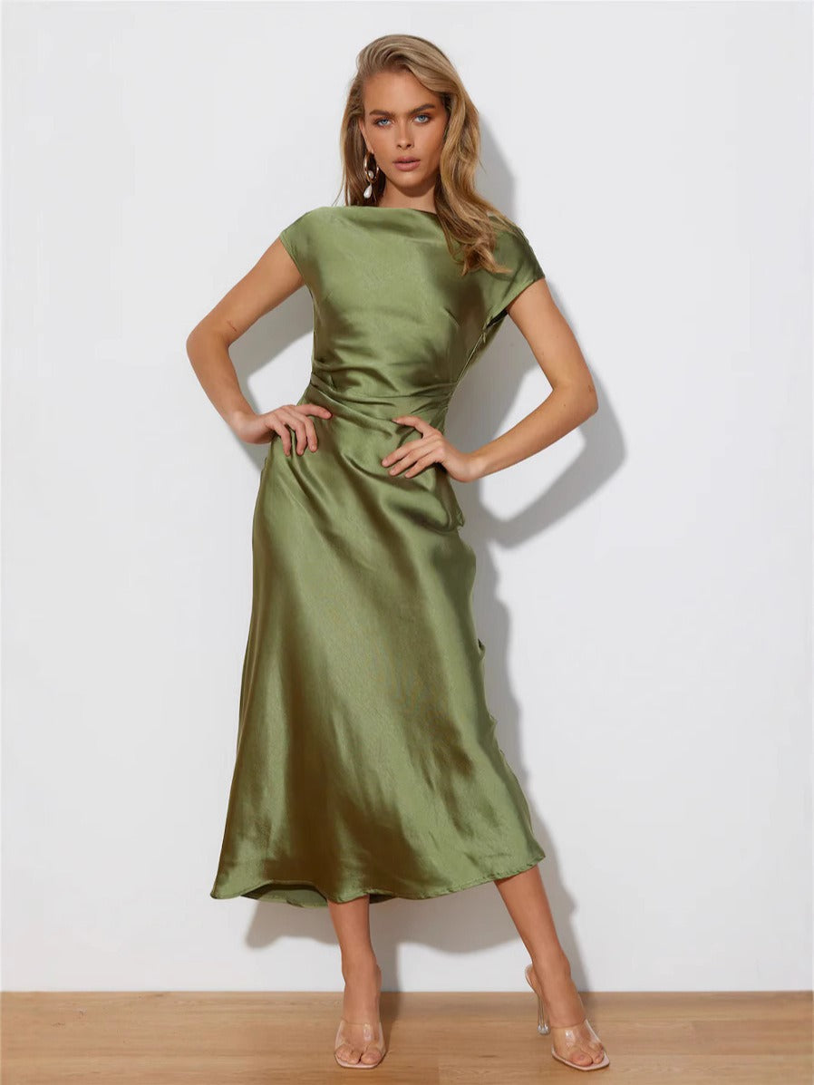 Elisabeth Rot Satin Crossover Midi Kleid für Damen | Elegante A-Linie Passform | Hochzeiten und Abendanlässe | Rückenschleife - S/M/L/XL