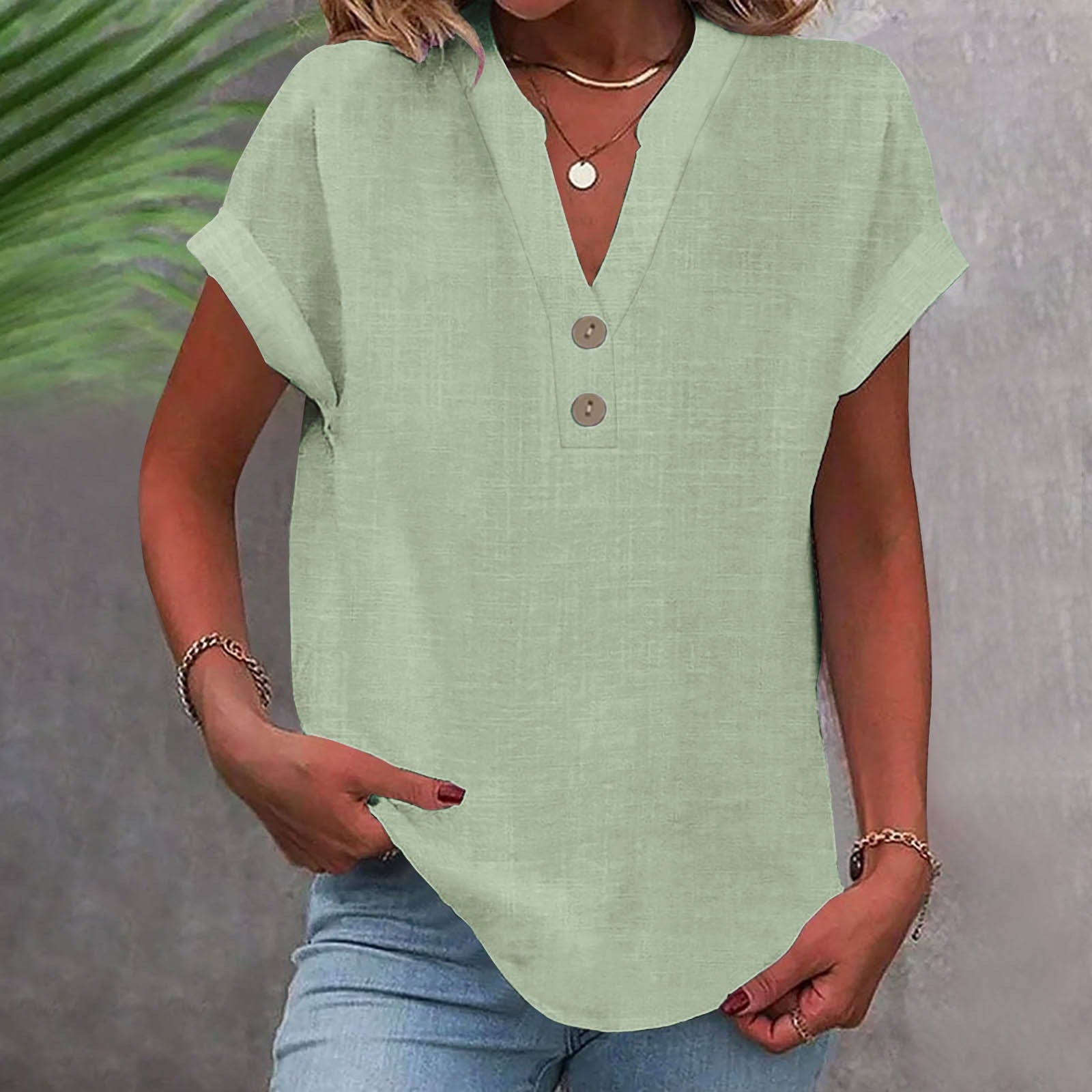Ruth Hellgruen V-Ausschnitt Lockeres Damen Longshirt Baumwolle | Leicht Luftig Kurzarm Sommer Freizeit Shirt | Bequem - S/M/L/XL/XXL,XXXL