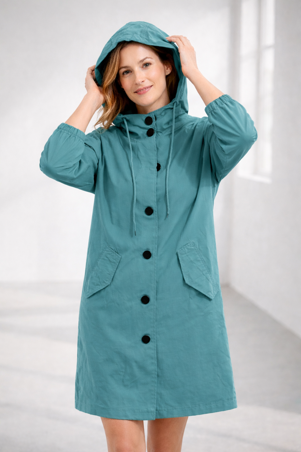 Änne Türkis Mittellange Kapuzenjacke mit Knopfleiste für Damen | Locker Casual Übergangszeit - S/M/L/XL/2XL/3XL/4XL