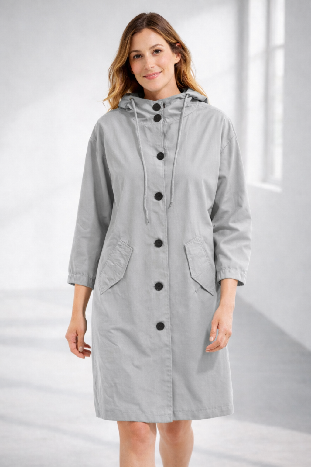 Änne Türkis Mittellange Kapuzenjacke mit Knopfleiste für Damen | Locker Casual Übergangszeit - S/M/L/XL/2XL/3XL/4XL