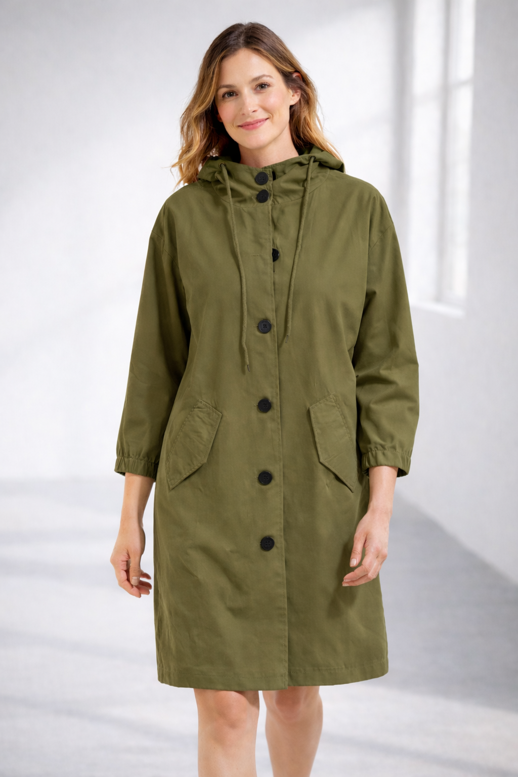 Änne Türkis Mittellange Kapuzenjacke mit Knopfleiste für Damen | Locker Casual Übergangszeit - S/M/L/XL/2XL/3XL/4XL