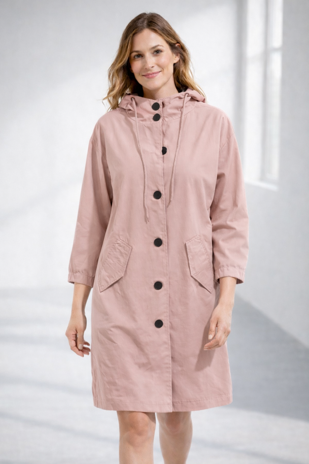 Änne Türkis Mittellange Kapuzenjacke mit Knopfleiste für Damen | Locker Casual Übergangszeit - S/M/L/XL/2XL/3XL/4XL