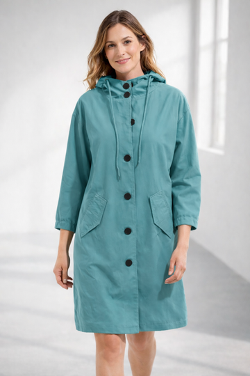 Änne Türkis Mittellange Kapuzenjacke mit Knopfleiste für Damen | Locker Casual Übergangszeit - S/M/L/XL/2XL/3XL/4XL