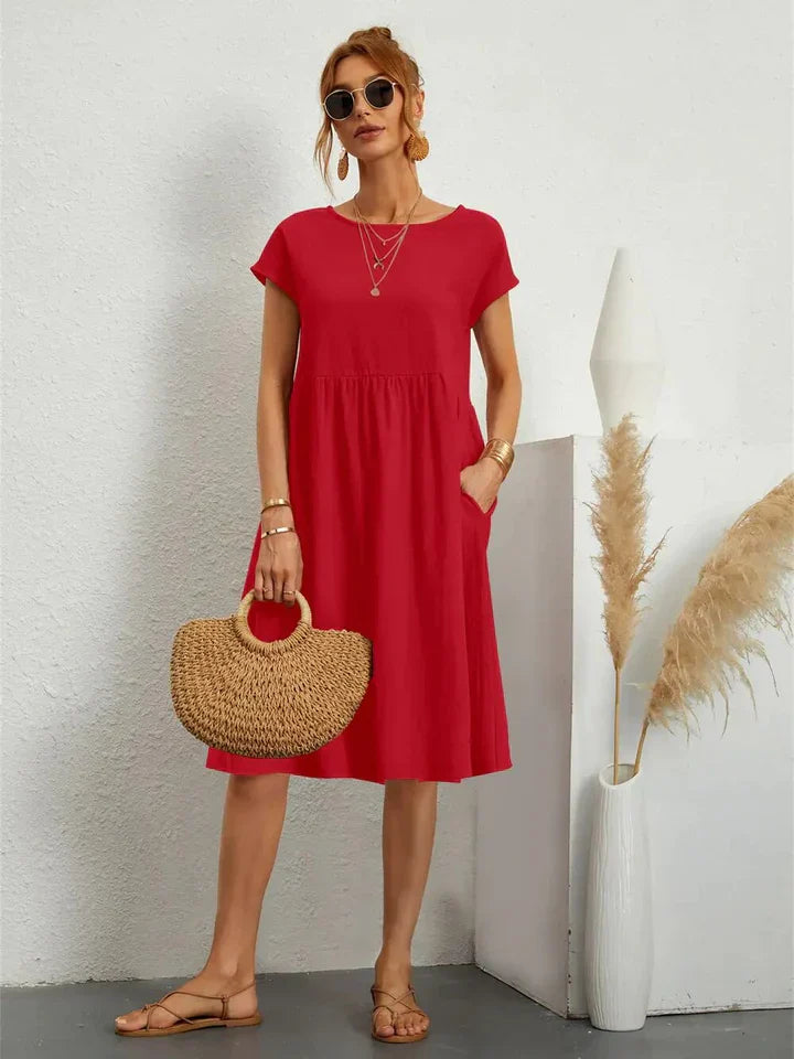 Monika Schwarz Kurzarm Kleid mit Rundhals und Taschen für Damen | Leichter Sommerkomfort | Alltag und Urlaub - S/M/L/XL/2XL