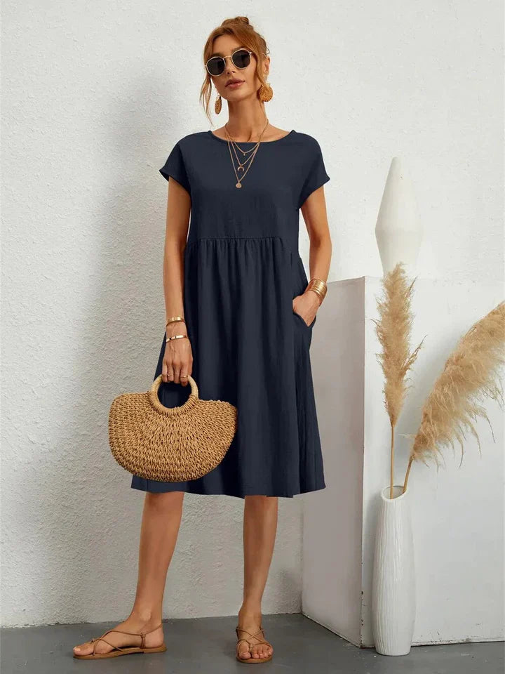 Monika Schwarz Kurzarm Kleid mit Rundhals und Taschen für Damen | Leichter Sommerkomfort | Alltag und Urlaub - S/M/L/XL/2XL