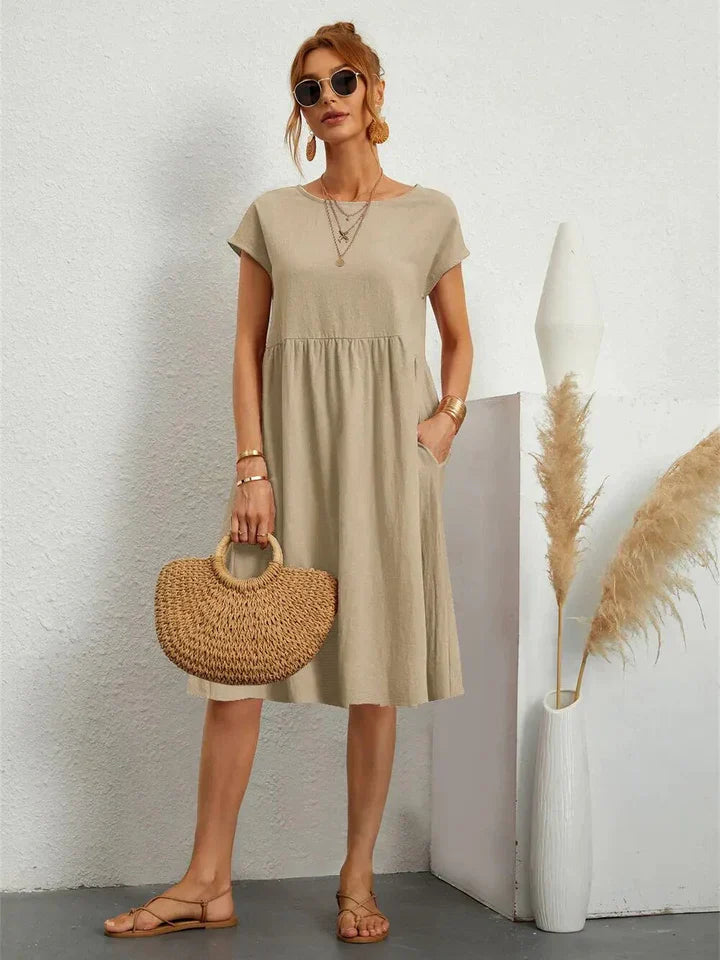 Monika Schwarz Kurzarm Kleid mit Rundhals und Taschen für Damen | Leichter Sommerkomfort | Alltag und Urlaub - S/M/L/XL/2XL