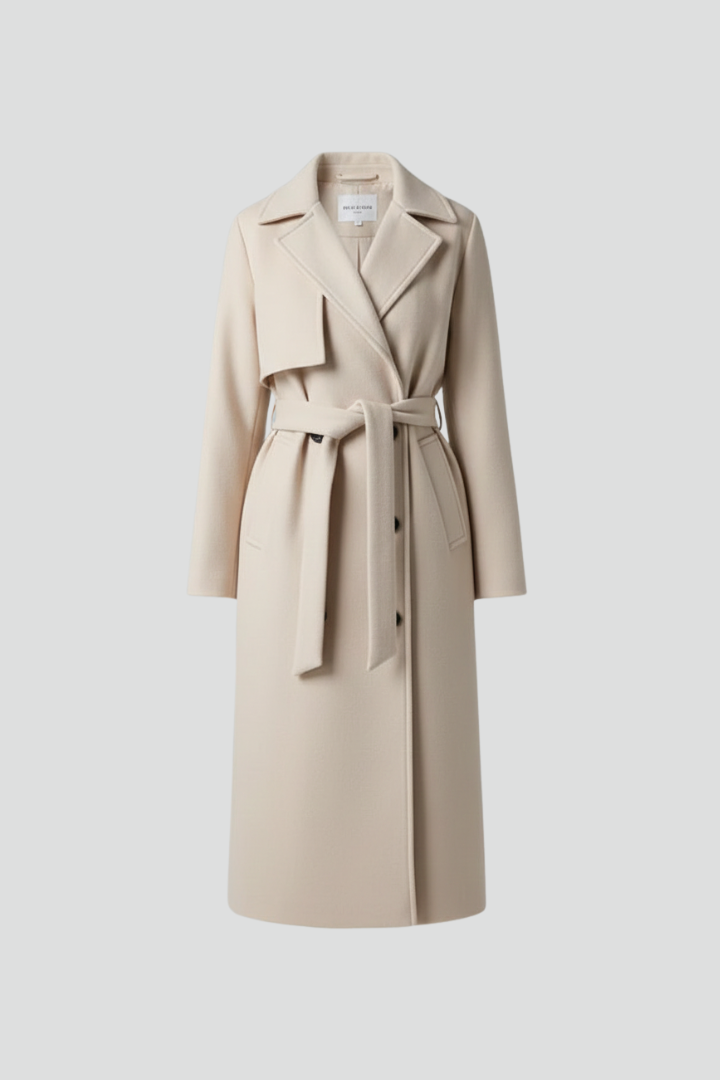Hannelore Beige Zweireihiger Langer Mantel mit Bindegürtel für Damen | Eleganter Wintermantel - S/M/L/XL/2XL
