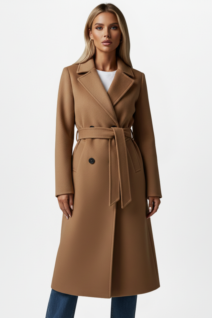 Hannelore Beige Zweireihiger Langer Mantel mit Bindegürtel für Damen | Eleganter Wintermantel - S/M/L/XL/2XL