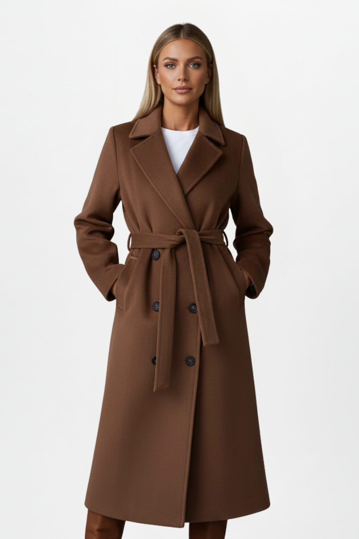 Hannelore Beige Zweireihiger Langer Mantel mit Bindegürtel für Damen | Eleganter Wintermantel - S/M/L/XL/2XL