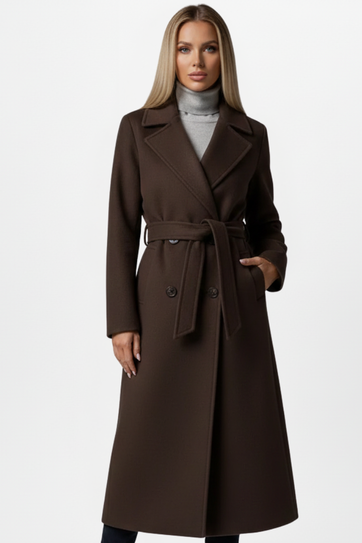 Hannelore Beige Zweireihiger Langer Mantel mit Bindegürtel für Damen | Eleganter Wintermantel - S/M/L/XL/2XL