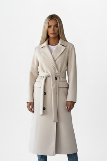 Hannelore Beige Zweireihiger Langer Mantel mit Bindegürtel für Damen | Eleganter Wintermantel - S/M/L/XL/2XL
