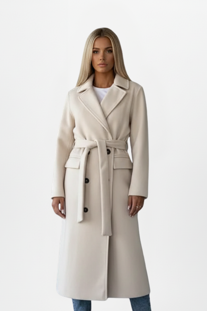 Hannelore Beige Zweireihiger Langer Mantel mit Bindegürtel für Damen | Eleganter Wintermantel - S/M/L/XL/2XL