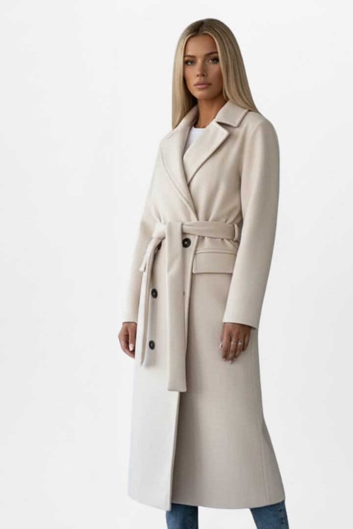 Hannelore Beige Zweireihiger Langer Mantel mit Bindegürtel für Damen | Eleganter Wintermantel - S/M/L/XL/2XL